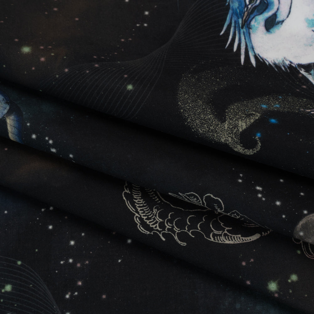 Cotton Voile - Black Celestial Birds - Apollo's Disguise Print - Mood Exclusive Gaia Collection Folded