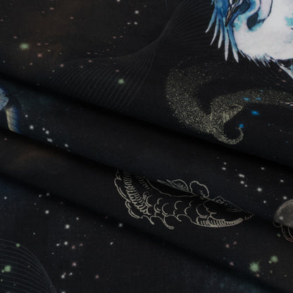 Cotton Voile - Black Celestial Birds - Apollo's Disguise Print - Mood Exclusive Gaia Collection Folded