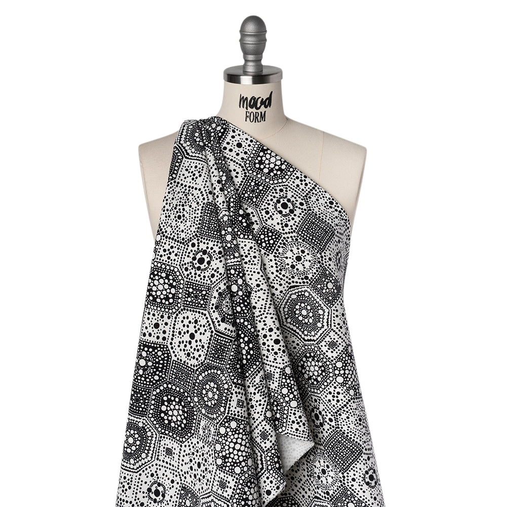 Stretch Cotton Twill Print by Trina Turk - Black and White Spotted Tiles - Designer Deadstock - Drape