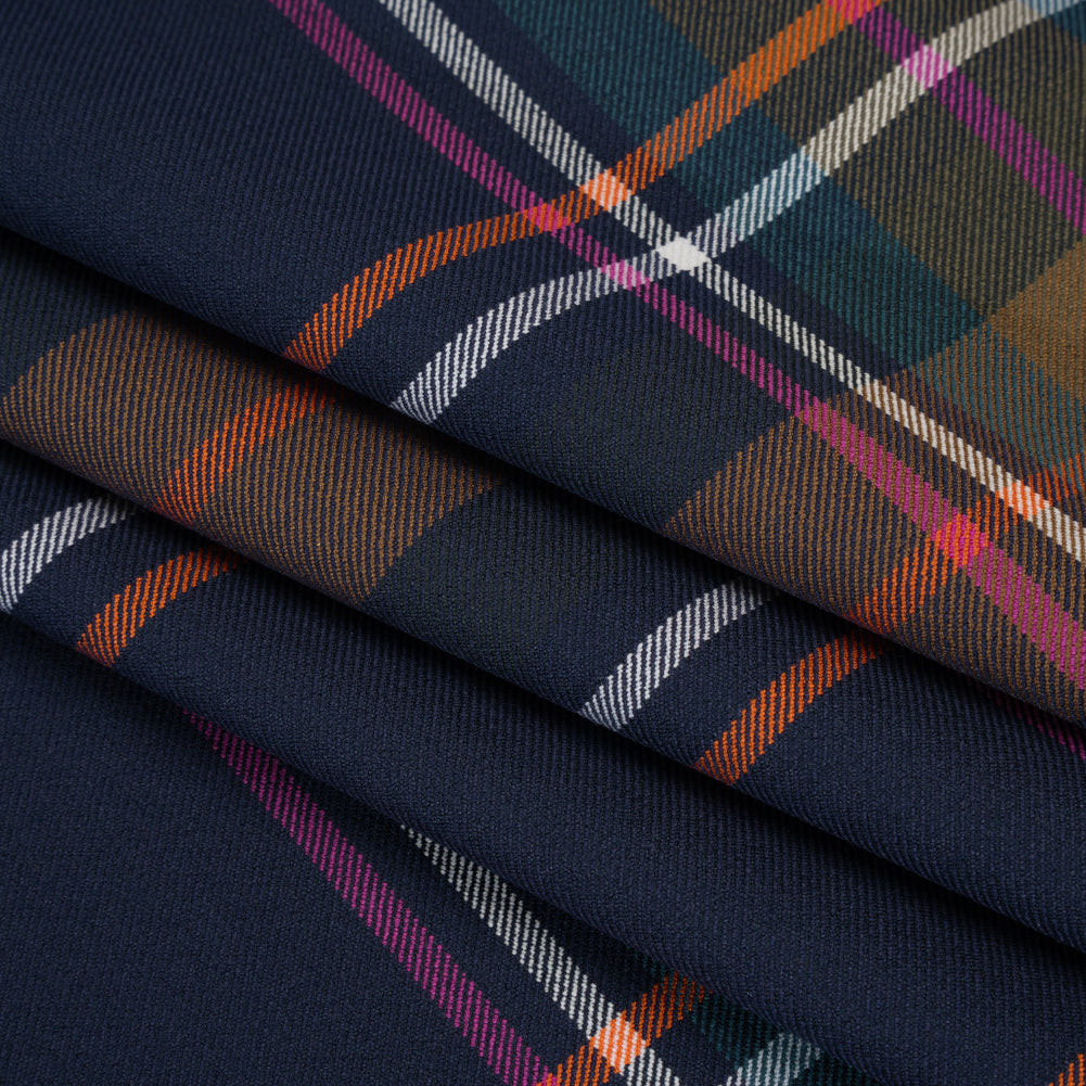 Stretch Polyester and Viscose Twill by Trina Turk - Navy, Olive and Pink Plaid - Designer Deadstock - Folded