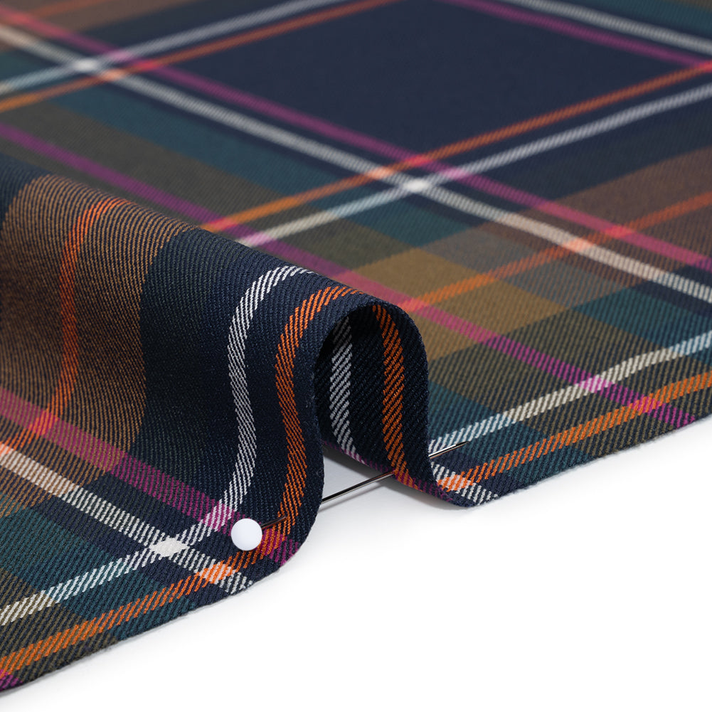 Stretch Polyester and Viscose Twill by Trina Turk - Navy, Olive and Pink Plaid - Designer Deadstock - Detail