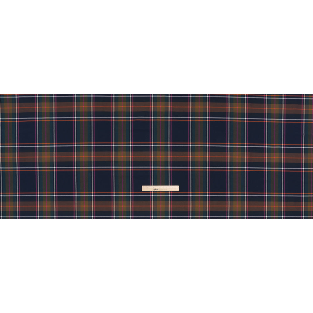 Stretch Polyester and Viscose Twill by Trina Turk - Navy, Olive and Pink Plaid - Designer Deadstock - Full