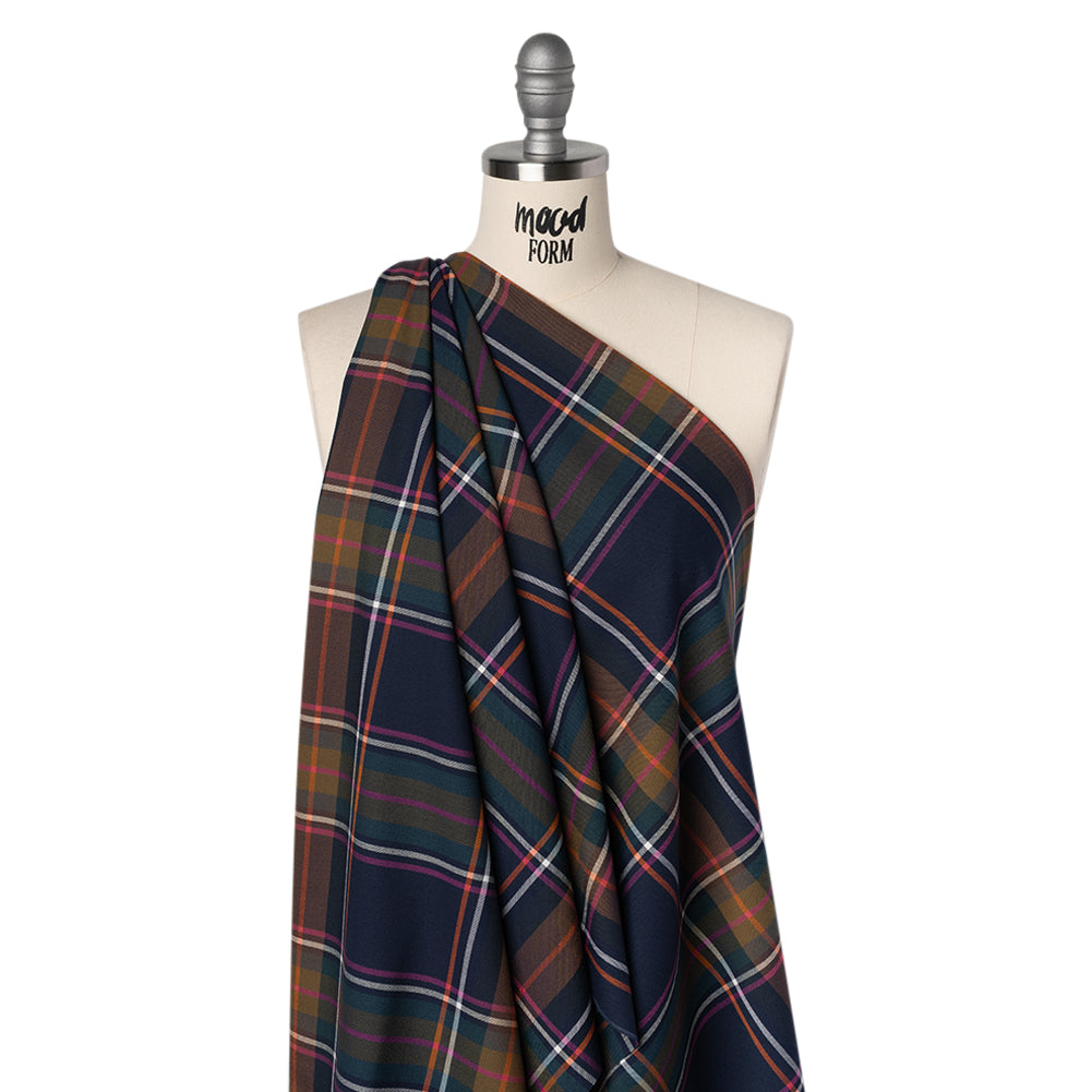 Stretch Polyester and Viscose Twill by Trina Turk - Navy, Olive and Pink Plaid - Designer Deadstock - Drape