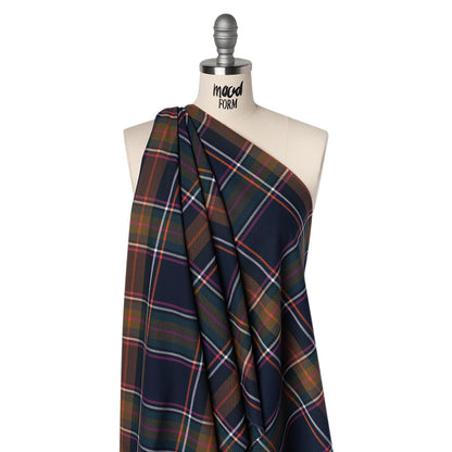 Stretch Polyester and Viscose Twill by Trina Turk - Navy, Olive and Pink Plaid - Designer Deadstock