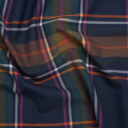 Stretch Polyester and Viscose Twill by Trina Turk - Navy, Olive and Pink Plaid - Designer Deadstock