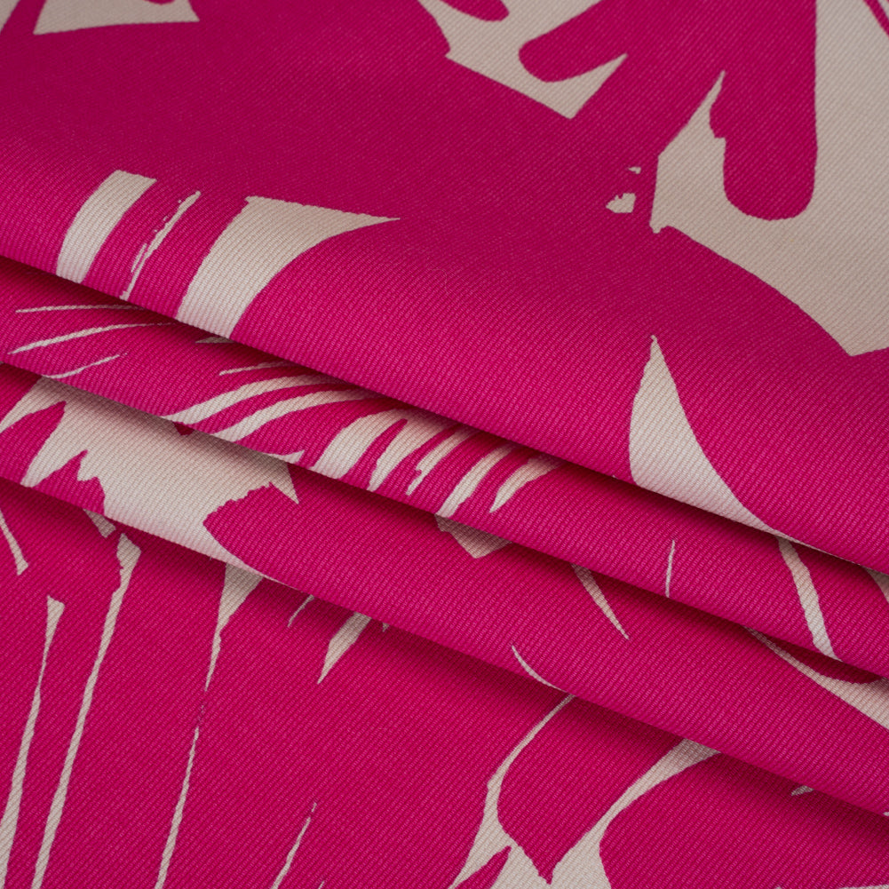 Stretch Cotton Faille Print by Trina Turk - Hot Pink and Light Gray Palm Leaves - Designer Deadstock - Folded