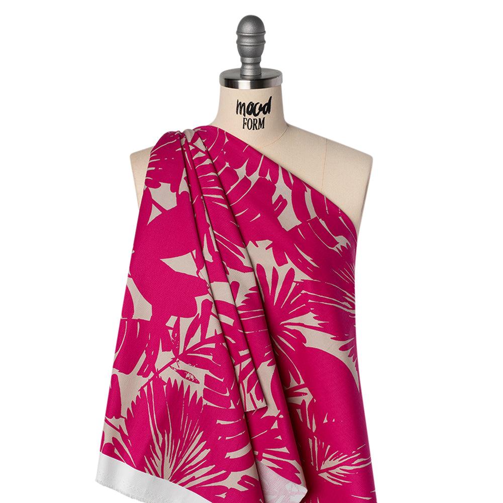 Stretch Cotton Faille Print by Trina Turk - Hot Pink and Light Gray Palm Leaves - Designer Deadstock - Drape