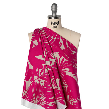 Stretch Cotton Faille Print by Trina Turk - Hot Pink and Light Gray Palm Leaves - Designer Deadstock