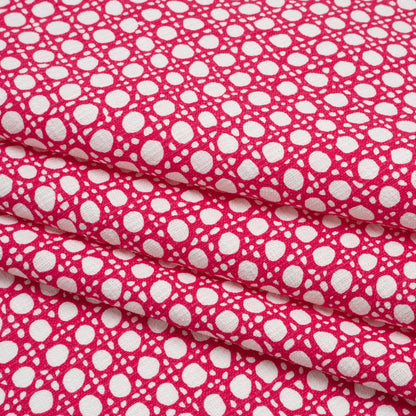 Textured Stretch Cotton Basketweave Panel by Trina Turk - Hot Pink and White Circle Grid and Printed Fringe Border - Designer Deadstock Folded
