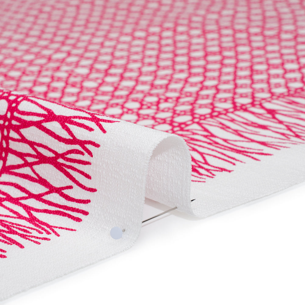 Textured Stretch Cotton Basketweave Panel by Trina Turk - Hot Pink and White Circle Grid and Printed Fringe Border - Designer Deadstock Detail