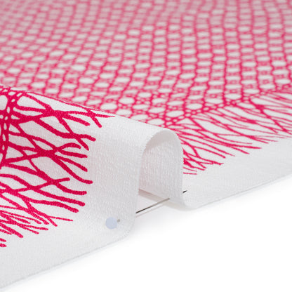 Textured Stretch Cotton Basketweave Panel by Trina Turk - Hot Pink and White Circle Grid and Printed Fringe Border - Designer Deadstock Detail