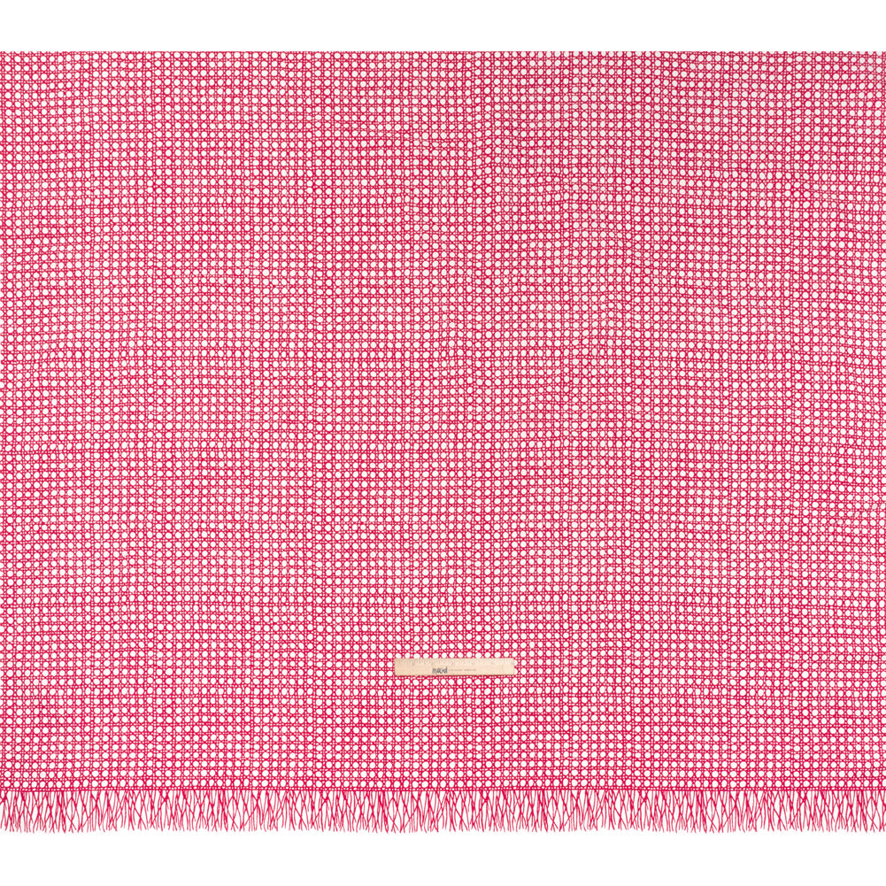 Textured Stretch Cotton Basketweave Panel by Trina Turk - Hot Pink and White Circle Grid and Printed Fringe Border - Designer Deadstock Full