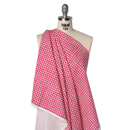Textured Stretch Cotton Basketweave Panel by Trina Turk - Hot Pink and White Circle Grid and Printed Fringe Border - Designer Deadstock Drape