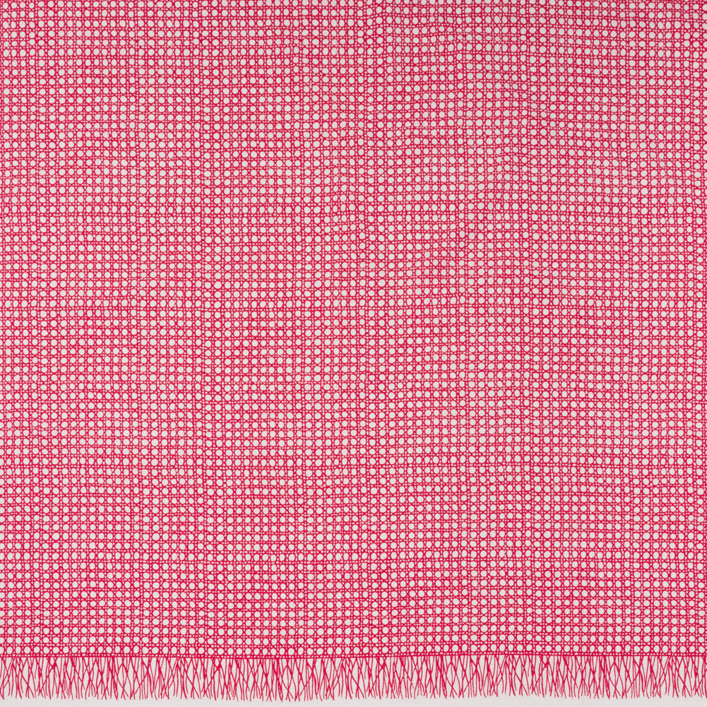 Textured Stretch Cotton Basketweave Panel by Trina Turk - Hot Pink and White Circle Grid and Printed Fringe Border - Designer Deadstock