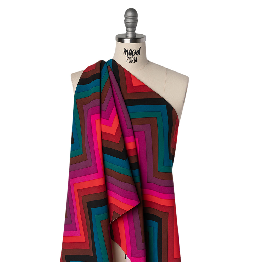 Stretch Rayon 4-Ply Crepe Print by Trina Turk - Pink, Brown and Teal Chevrons - Designer Deadstock - Drape