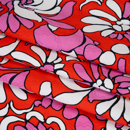 Stretch Cotton Jacquard Print by Trina Turk - Hot Pink, Red and White Florals on Ogees - Designer Deadstock