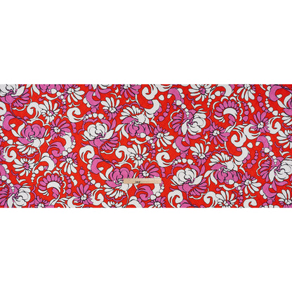 Stretch Cotton Jacquard Print by Trina Turk - Hot Pink, Red and White Florals on Ogees - Designer Deadstock