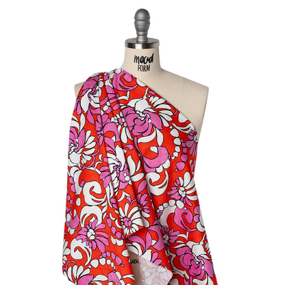 Stretch Cotton Jacquard Print by Trina Turk - Hot Pink, Red and White Florals on Ogees - Designer Deadstock