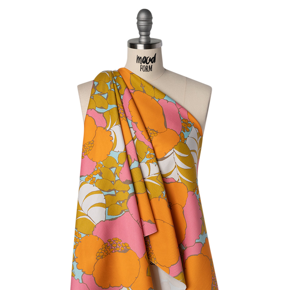 Stretch Cotton Broken Twill Print by Trina Turk - Pink, Orange and Sky Blue Floral - Designer Deadstock Drape