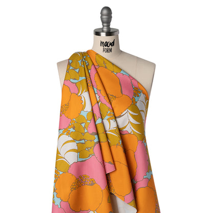 Stretch Cotton Broken Twill Print by Trina Turk - Pink, Orange and Sky Blue Floral - Designer Deadstock Drape