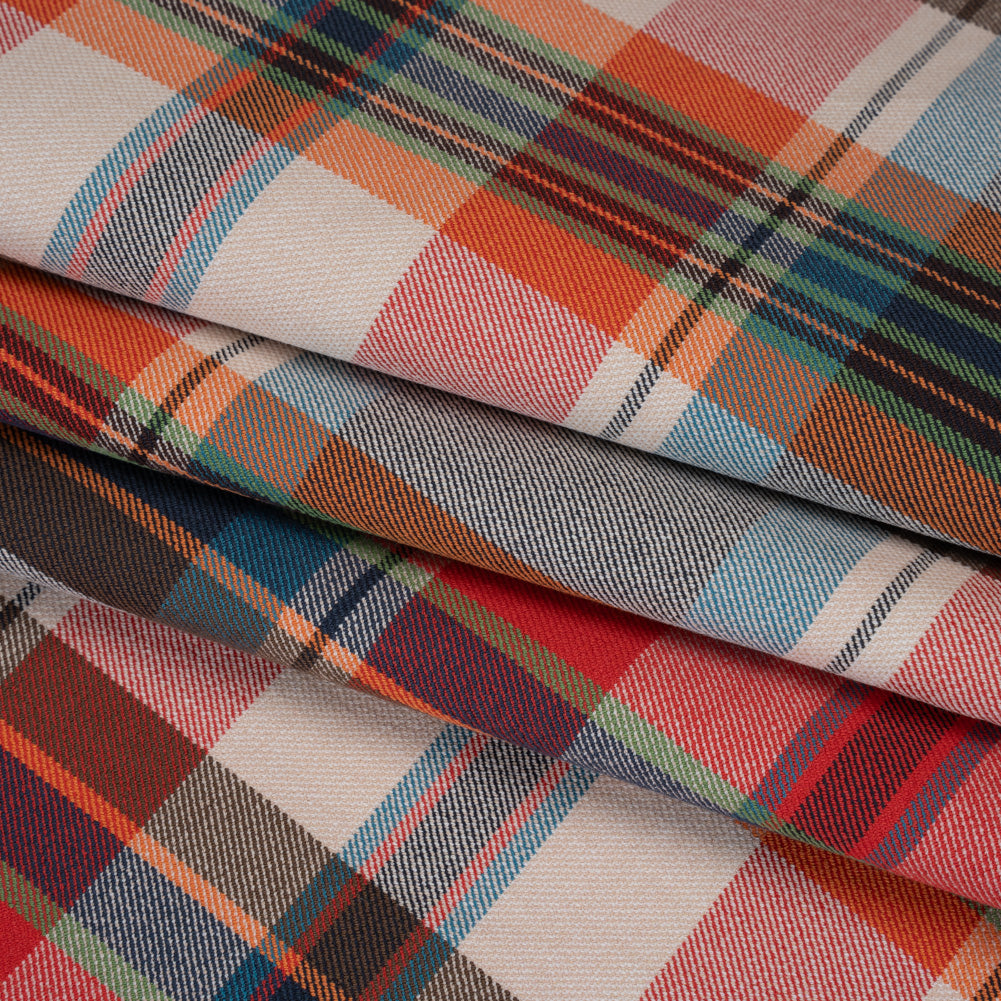 Super Stretchy Cotton Twill by Trina Turk - Red, Blue and Orange Plaid - Designer Deadstock - Folded