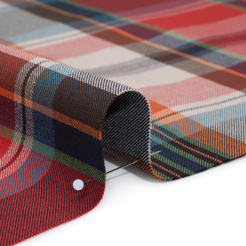 Super Stretchy Cotton Twill by Trina Turk - Red, Blue and Orange Plaid - Designer Deadstock - Detail