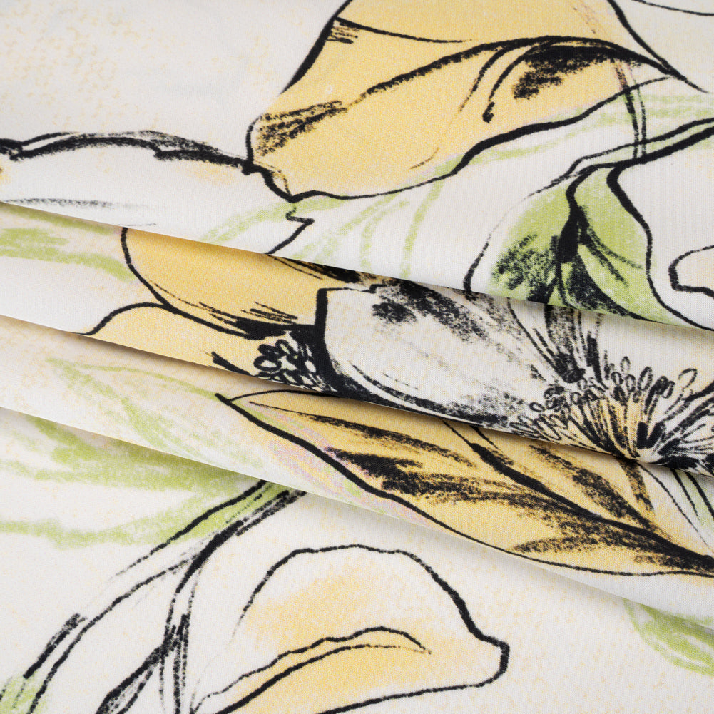 Polyester Satin - Pale Yellow, Sage Green and Black Sketched Florals - Mood Exclusive A Study of Spring Print - Folded