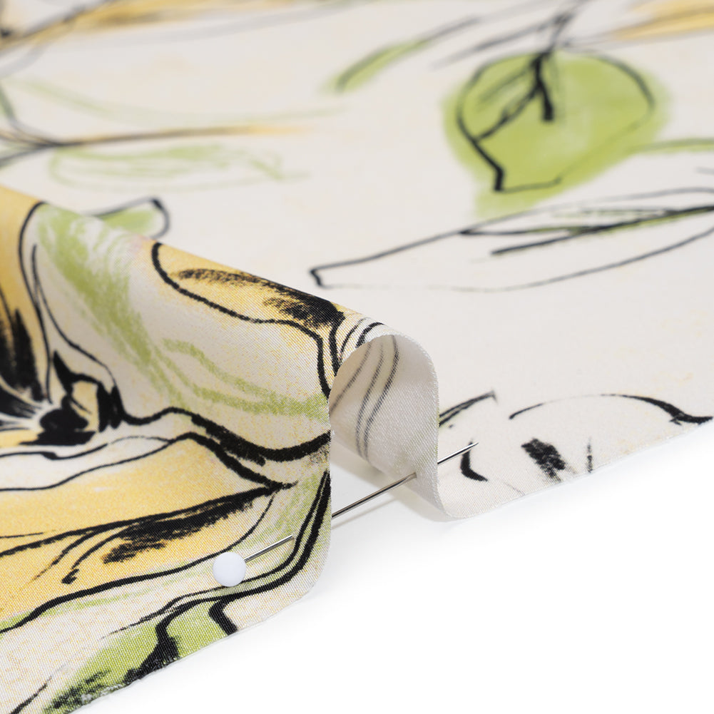 Polyester Satin - Pale Yellow, Sage Green and Black Sketched Florals - Mood Exclusive A Study of Spring Print - Detail