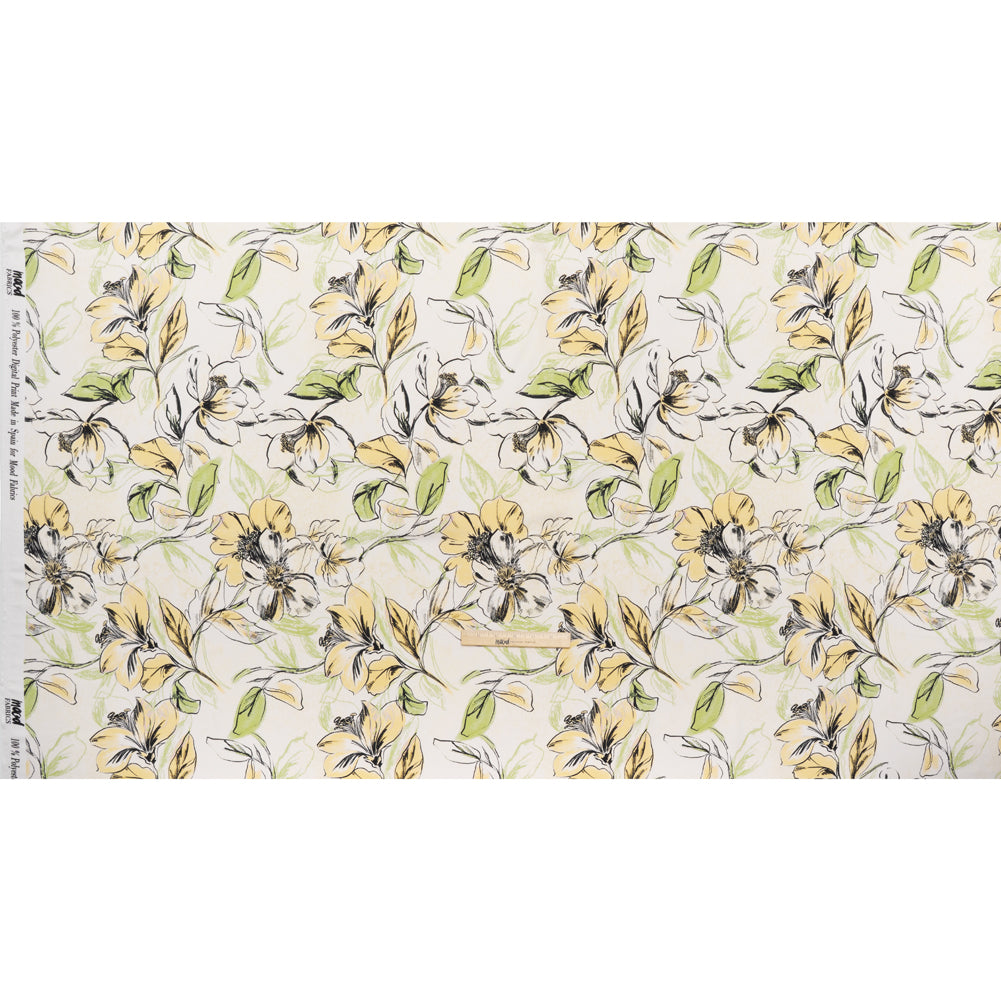 Polyester Satin - Pale Yellow, Sage Green and Black Sketched Florals - Mood Exclusive A Study of Spring Print - Full