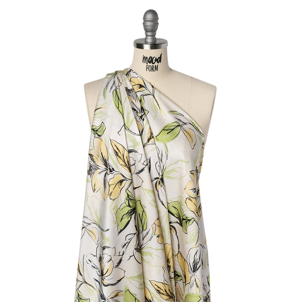 Polyester Satin - Pale Yellow, Sage Green and Black Sketched Florals - Mood Exclusive A Study of Spring Print - Drape