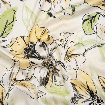 Polyester Satin - Pale Yellow, Sage Green and Black Sketched Florals - Mood Exclusive A Study of Spring Print
