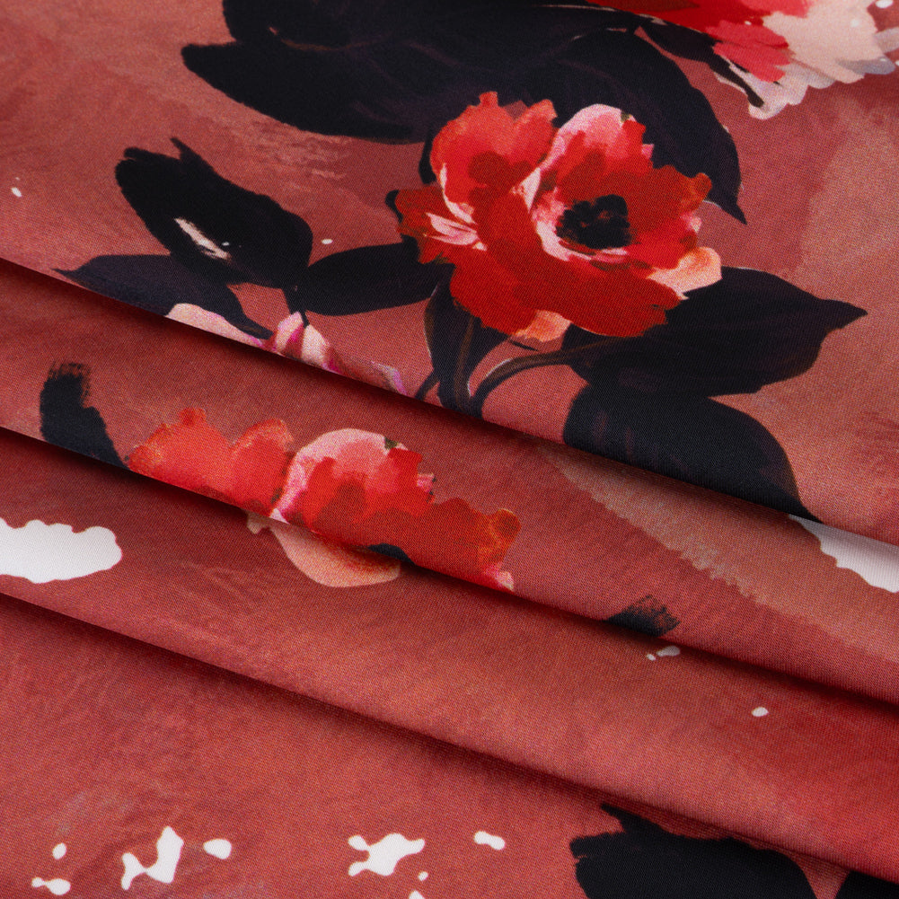 Polyester Satin - Hibiscus, Scarlet Red and Black Roses and Brushstrokes - Mood Exclusive Feel the Flow Print - Folded