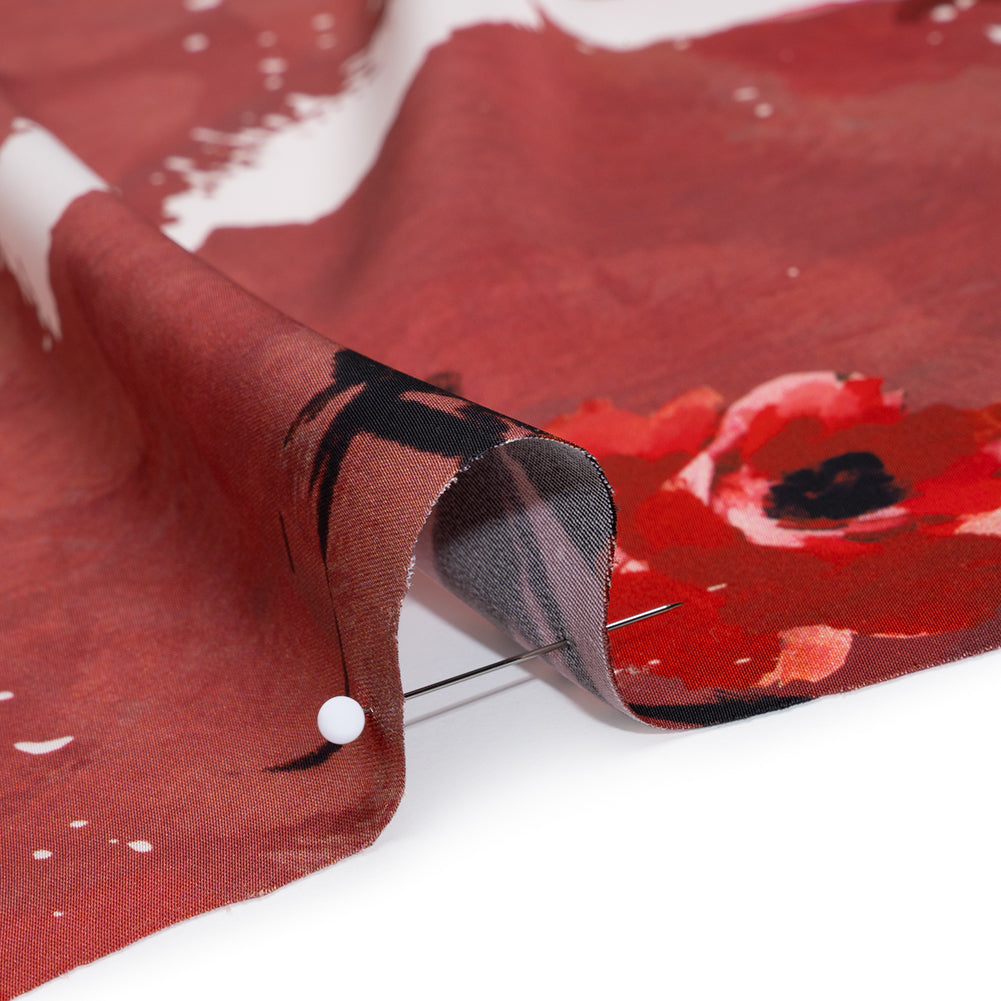 Polyester Satin - Hibiscus, Scarlet Red and Black Roses and Brushstrokes - Mood Exclusive Feel the Flow Print - Detail