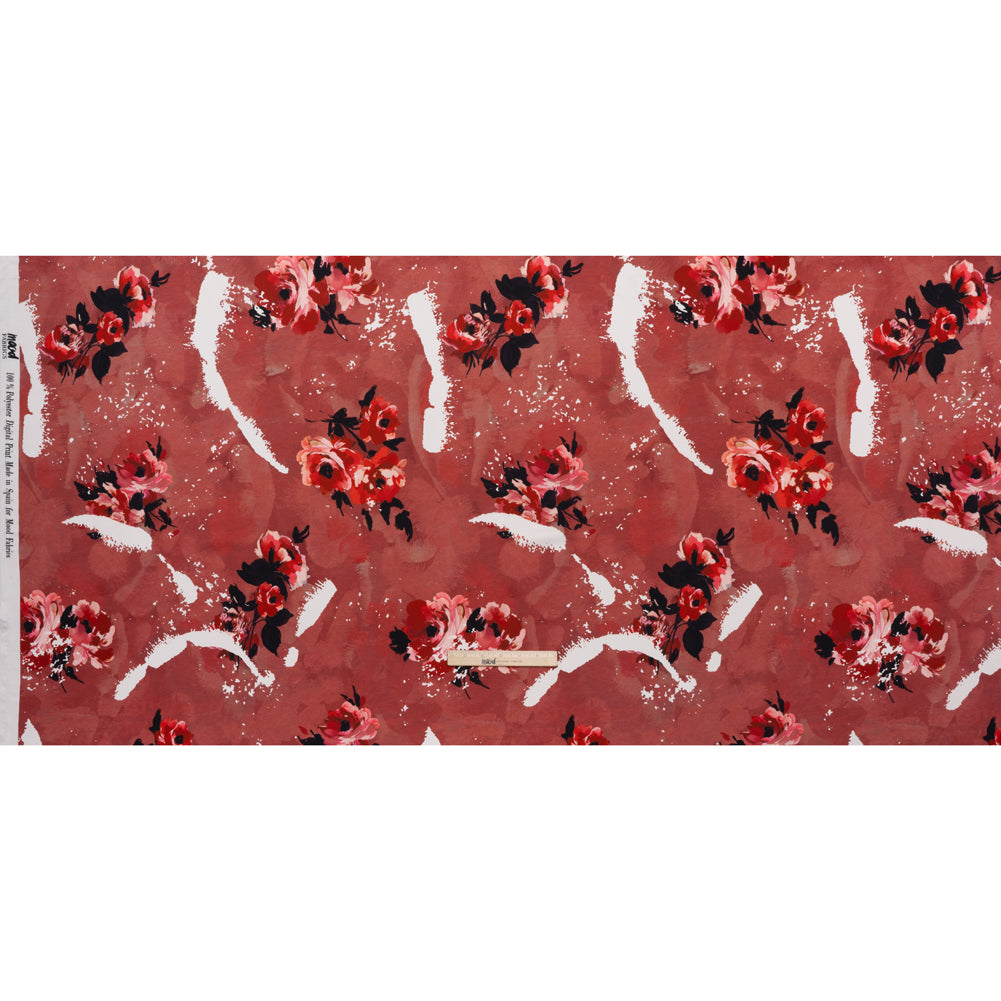 Polyester Satin - Hibiscus, Scarlet Red and Black Roses and Brushstrokes - Mood Exclusive Feel the Flow Print - Full