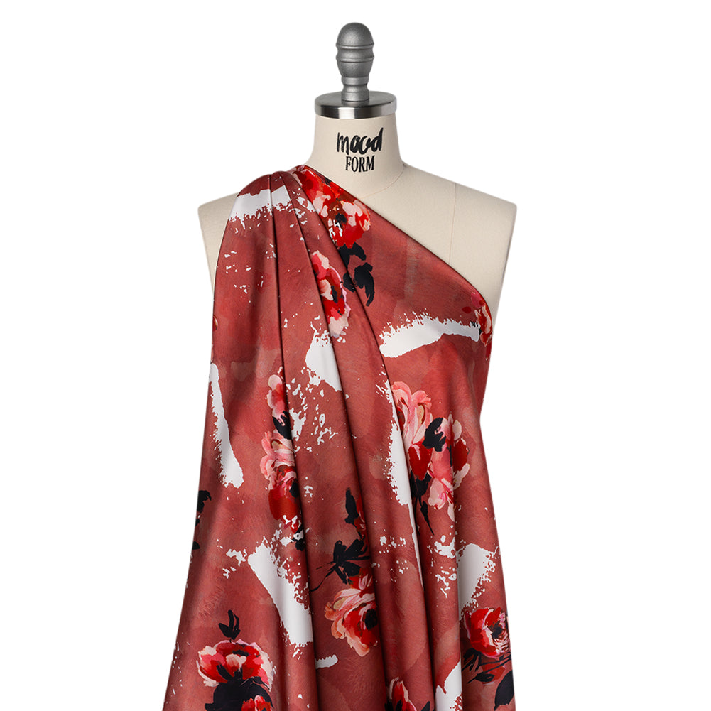 Polyester Satin - Hibiscus, Scarlet Red and Black Roses and Brushstrokes - Mood Exclusive Feel the Flow Print - Drape