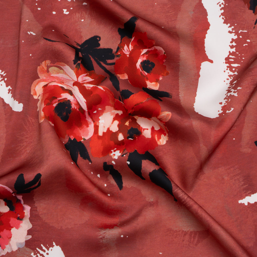 Polyester Satin - Hibiscus, Scarlet Red and Black Roses and Brushstrokes - Mood Exclusive Feel the Flow Print