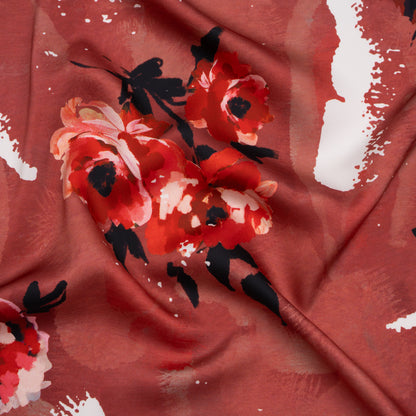 Polyester Satin - Hibiscus, Scarlet Red and Black Roses and Brushstrokes - Mood Exclusive Feel the Flow Print