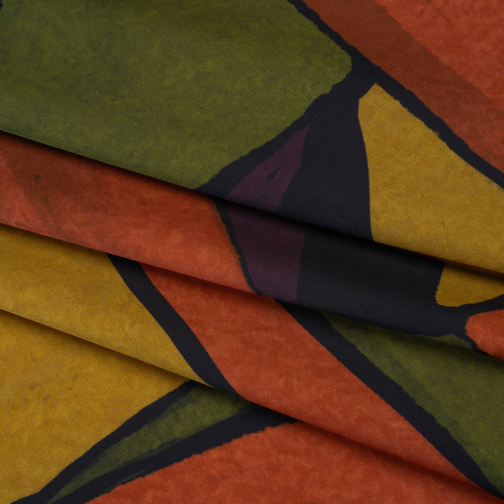 Polyester Satin - Olive Green, Aubergine and Mustard Abstract Shapes - Mood Exclusive Terra Mosaic Print - Folded