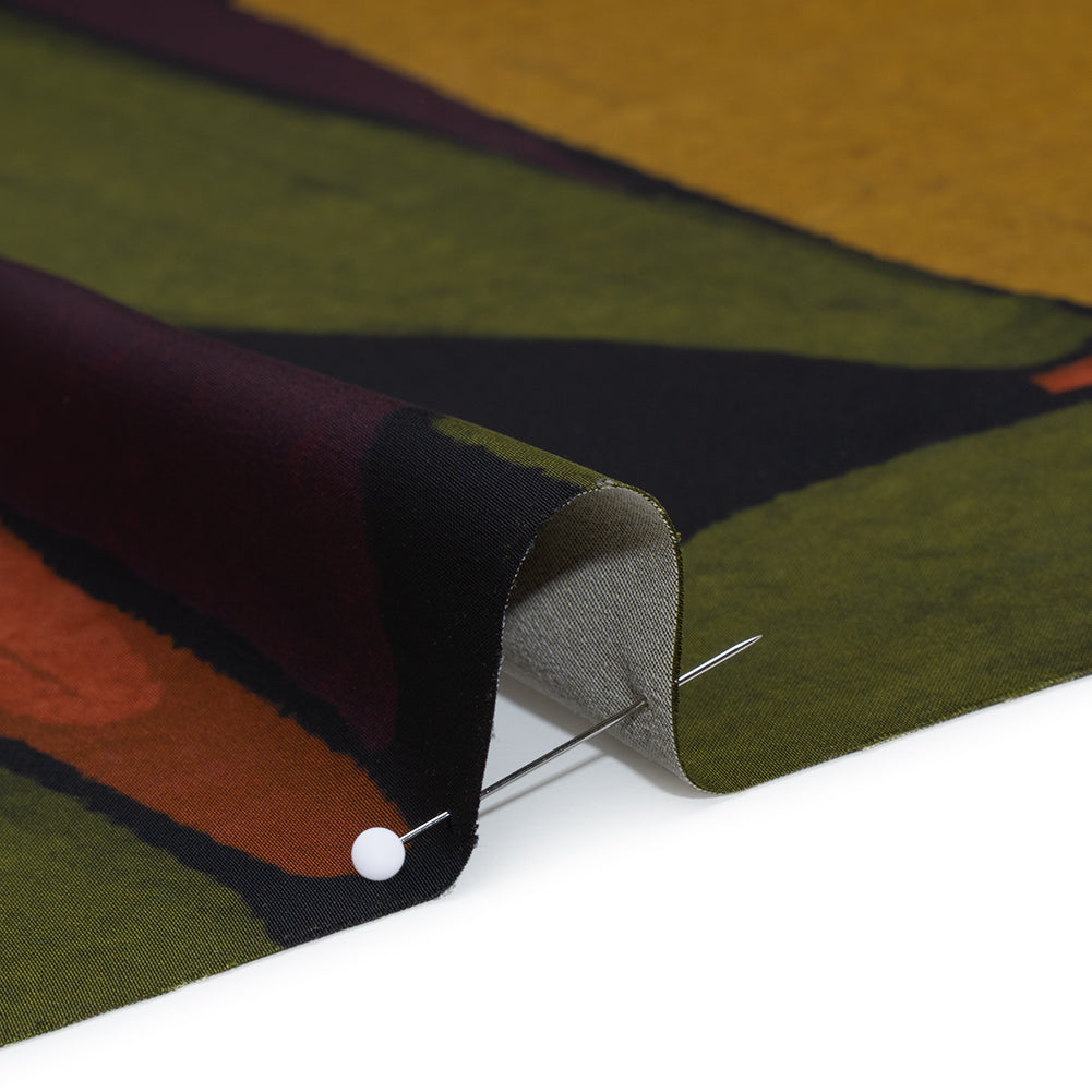 Polyester Satin - Olive Green, Aubergine and Mustard Abstract Shapes - Mood Exclusive Terra Mosaic Print - Detail