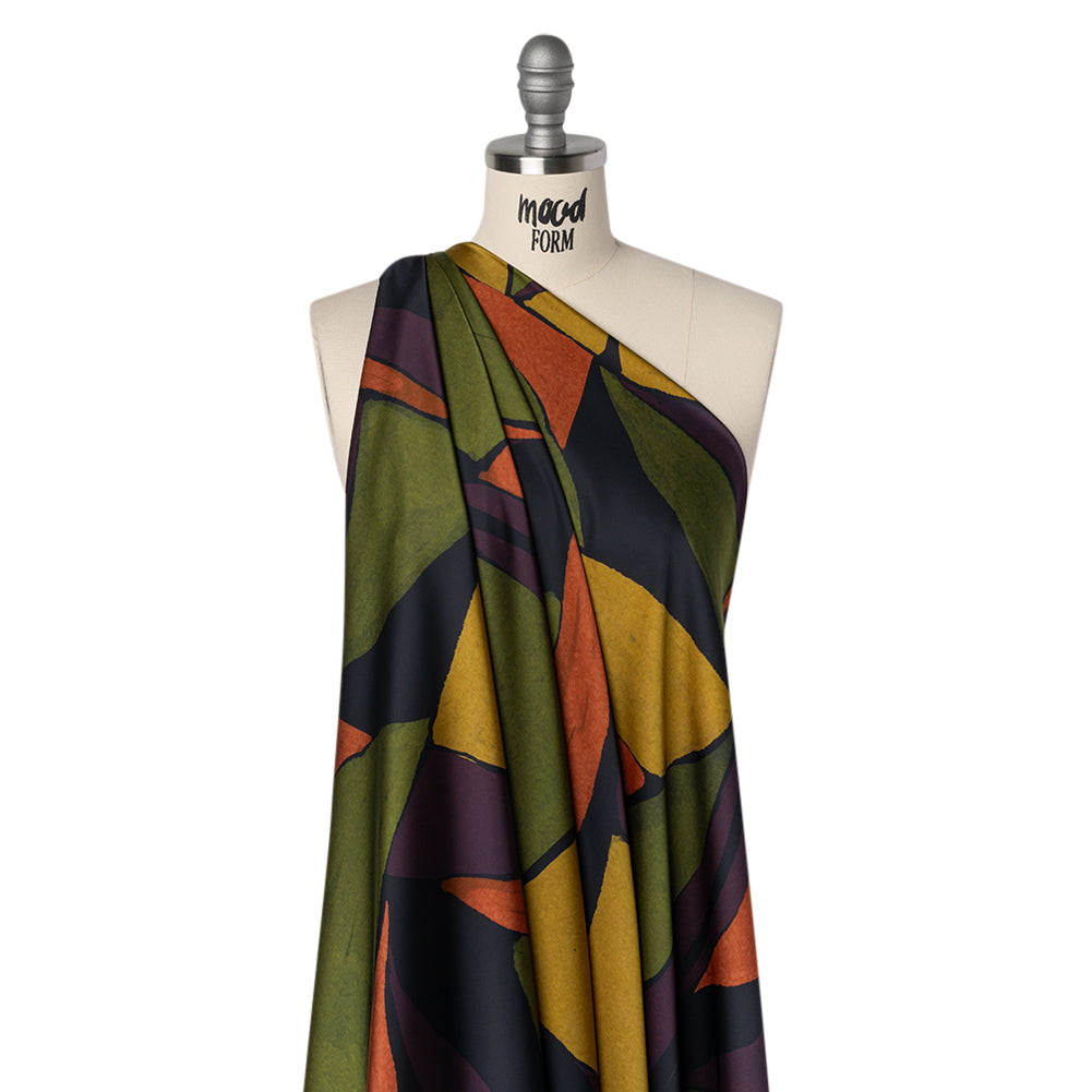 Polyester Satin - Olive Green, Aubergine and Mustard Abstract Shapes - Mood Exclusive Terra Mosaic Print - Drape