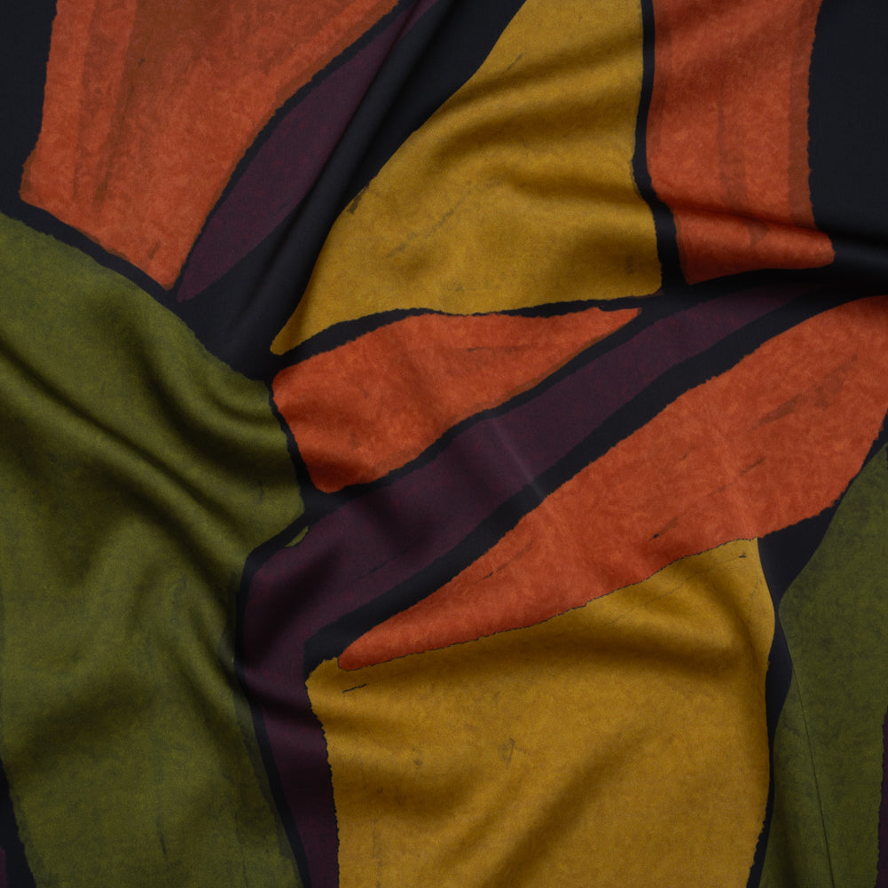 Polyester Satin - Olive Green, Aubergine and Mustard Abstract Shapes - Mood Exclusive Terra Mosaic Print