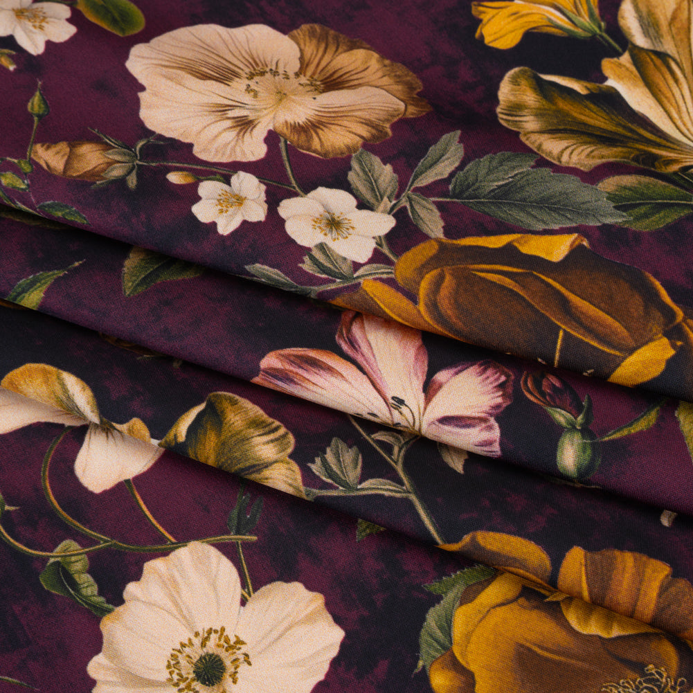 Polyester Satin - Mustard Yellow, Plum Purple and Cream Floral - Mood Exclusive Garden Tangle Print - Folded