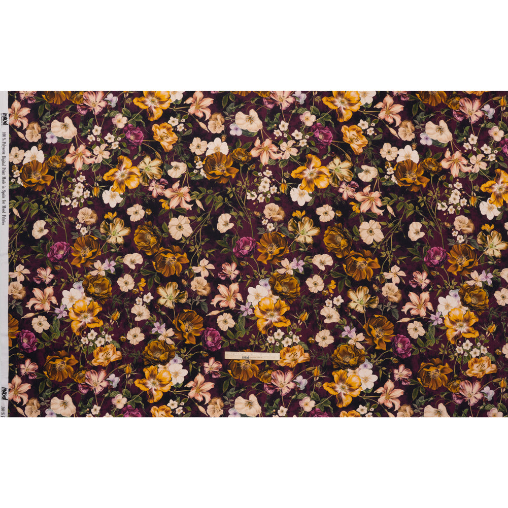 Polyester Satin - Mustard Yellow, Plum Purple and Cream Floral - Mood Exclusive Garden Tangle Print - Full