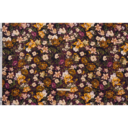 Polyester Satin - Mustard Yellow, Plum Purple and Cream Floral - Mood Exclusive Garden Tangle Print