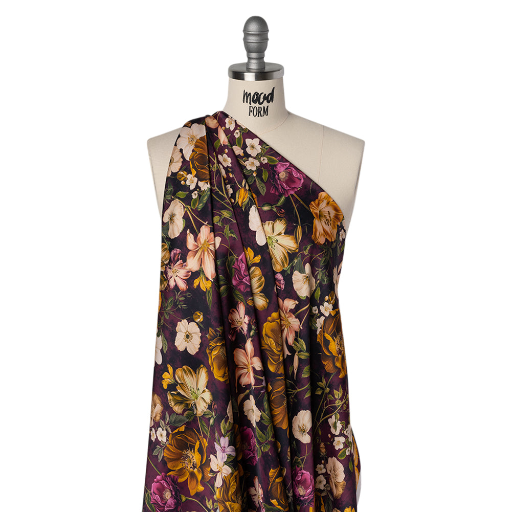 Polyester Satin - Mustard Yellow, Plum Purple and Cream Floral - Mood Exclusive Garden Tangle Print - Drape