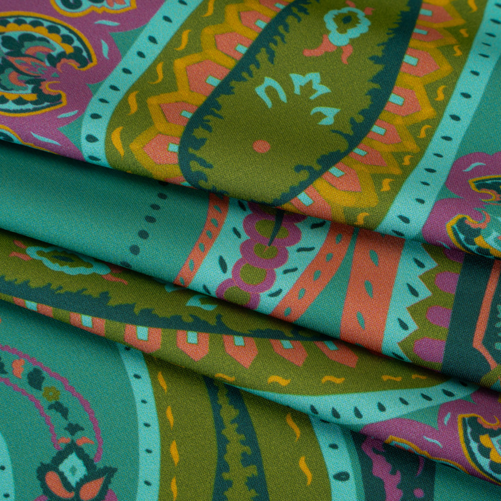 Polyester Satin - Jade Green, Dusty Magenta and Peachy Orange Paisley - Mood Exclusive Swirling Sonata Print - Folded