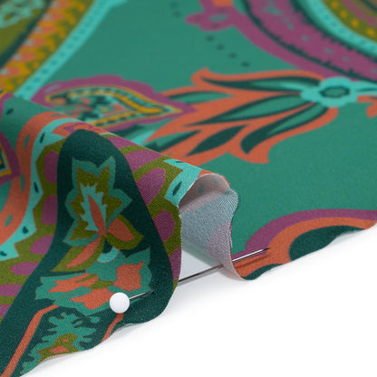 Polyester Satin - Jade Green, Dusty Magenta and Peachy Orange Paisley - Mood Exclusive Swirling Sonata Print