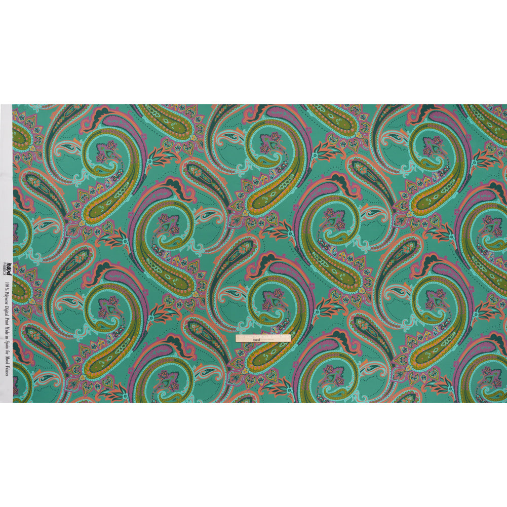 Polyester Satin - Jade Green, Dusty Magenta and Peachy Orange Paisley - Mood Exclusive Swirling Sonata Print - Full