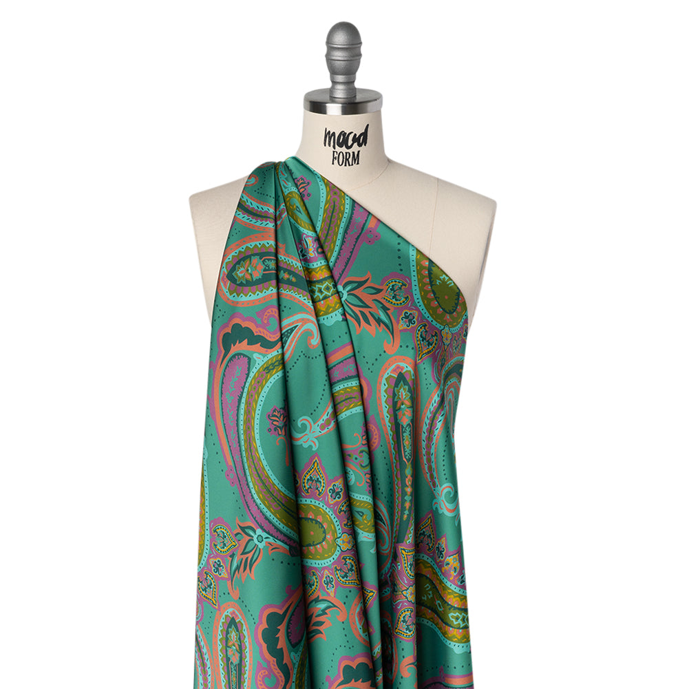 Polyester Satin - Jade Green, Dusty Magenta and Peachy Orange Paisley - Mood Exclusive Swirling Sonata Print - Drape
