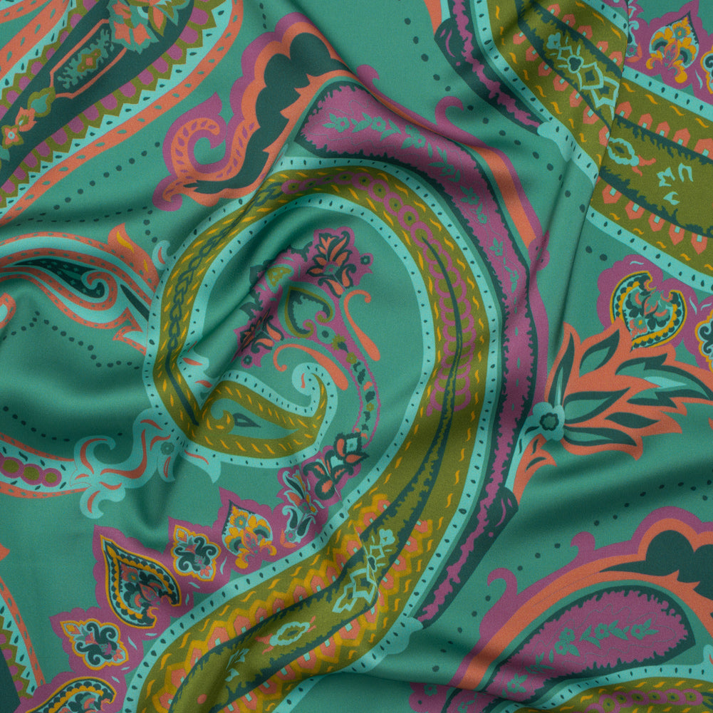 Polyester Satin - Jade Green, Dusty Magenta and Peachy Orange Paisley - Mood Exclusive Swirling Sonata Print